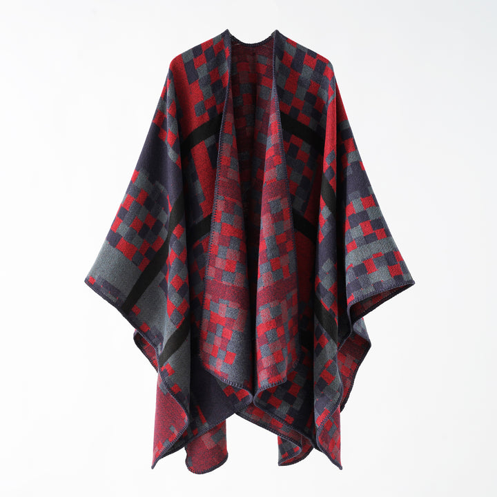 Damen Kastiger Webponcho mit grafischem Jacquard und Kettelkante Drune