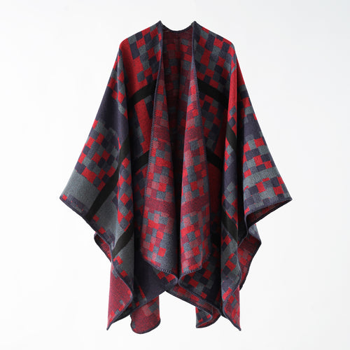 Damen Kastiger Webponcho mit grafischem Jacquard und Kettelkante Drune