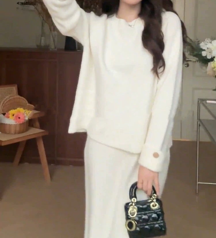 Damen gemütliches Strickensemble mit Pullover und Maxi-Rock Drune