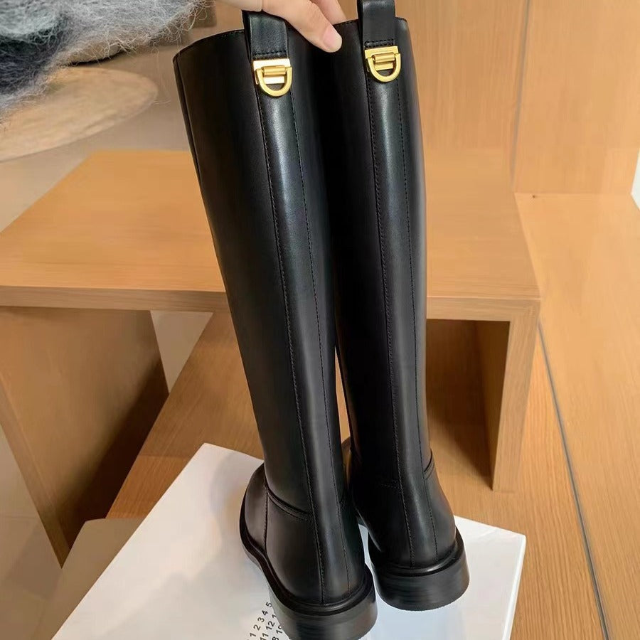 Damen Kniehohe Glattleder-Stiefel mit schlanker Silhouette und flacher Profilsohle Drune