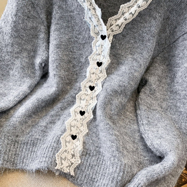 Damen Eleganter Strickpullover mit Spitzenverzierung Drune