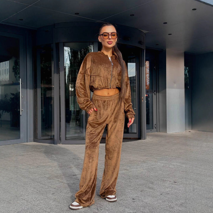 Damen lässiger Sportanzug mit cropped Jacke und weiten Hosen Drune