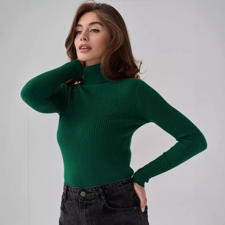 Damen langer Pullover mit hohem Kragen und feiner Rippenstruktur Drune
