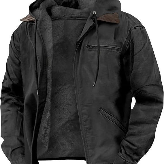 Herren Gefütterte Kapuzen-Lederjacke mit Teddyfutter und Brustreißverschlusstasche Drune
