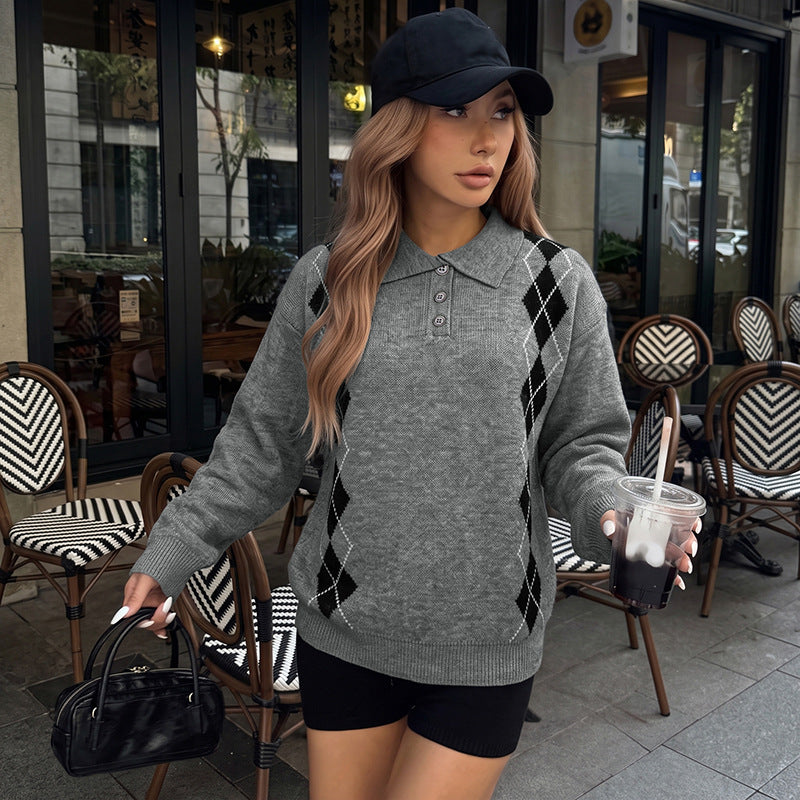 Damen Eleganter Strickpullover mit Polo-Kragen und Rautenmuster Drune