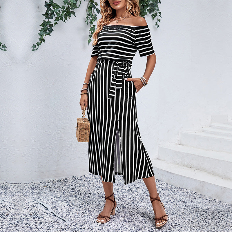 Damen Maxikleid mit schickem Off-Shoulder-Design und gestreiftem Muster Drune