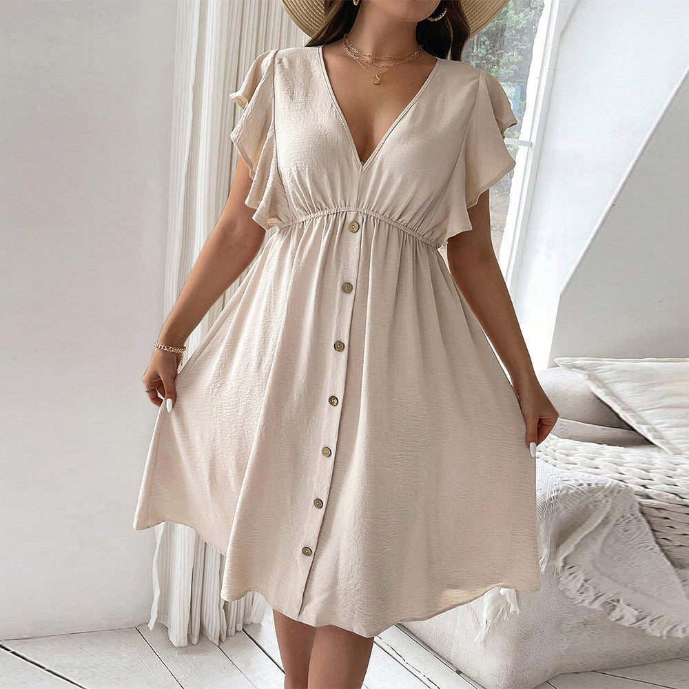 Damen lässiges Knopfkleid mit V-Ausschnitt und Rüschendetails Drune