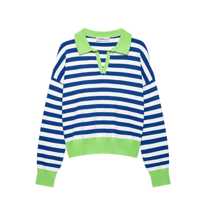 Damen Gestreifter Cropped‑Polo‑Pullover aus Feinstrick mit Ballonärmeln Drune