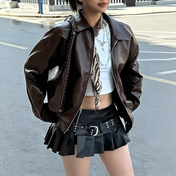 Damen Kurze Oversize Kunstlederjacke mit Reverskragen und Ballonärmeln Drune