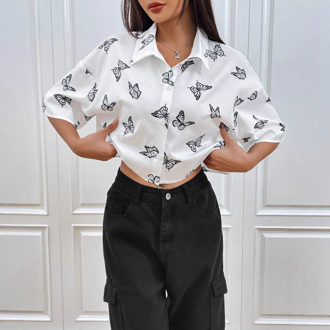 Damen Kurzgeschnittene Boxy-Hemdbluse mit Schmetterlingsprint Drune