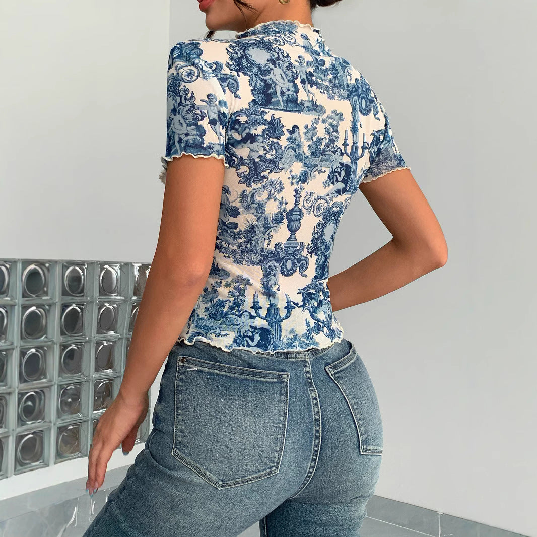 Damen nan figurbetontes kurzärmliges Netzshirt mit Stehkragen und romantischem Landhausdruck Drune