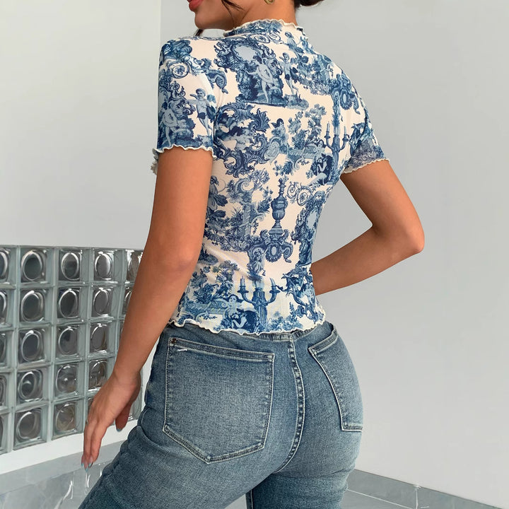 Damen nan figurbetontes kurzärmliges Netzshirt mit Stehkragen und romantischem Landhausdruck Drune