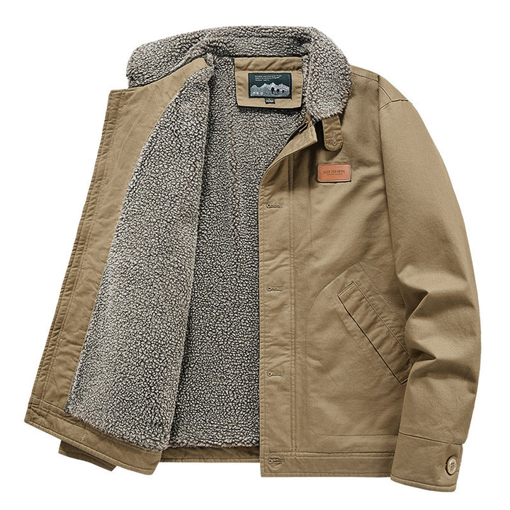 Herren kernige Canvas‑Workerjacke mit voluminösem Sherpa‑Innenfutter und hochschließendem Kragen Drune