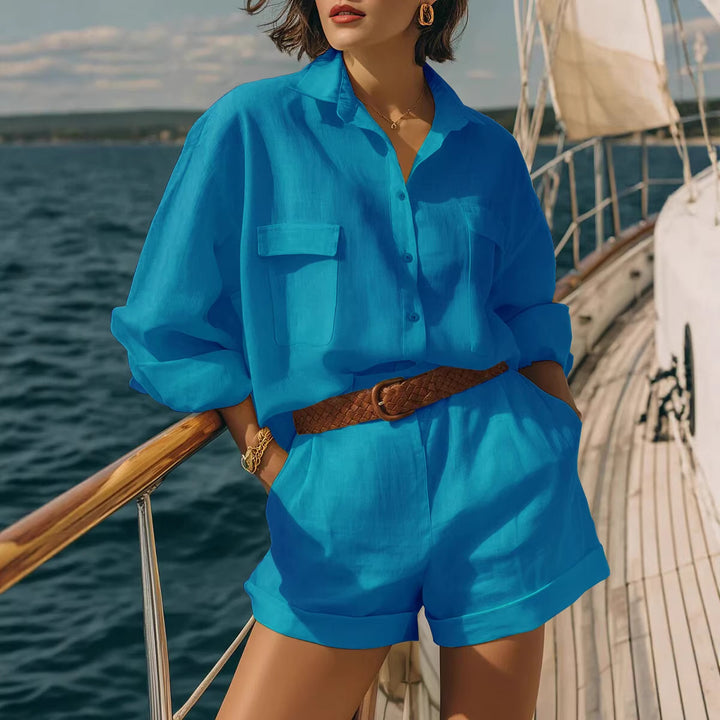 Damen Luftiges Kurzarm-Hemd und Shorts-Set Drune