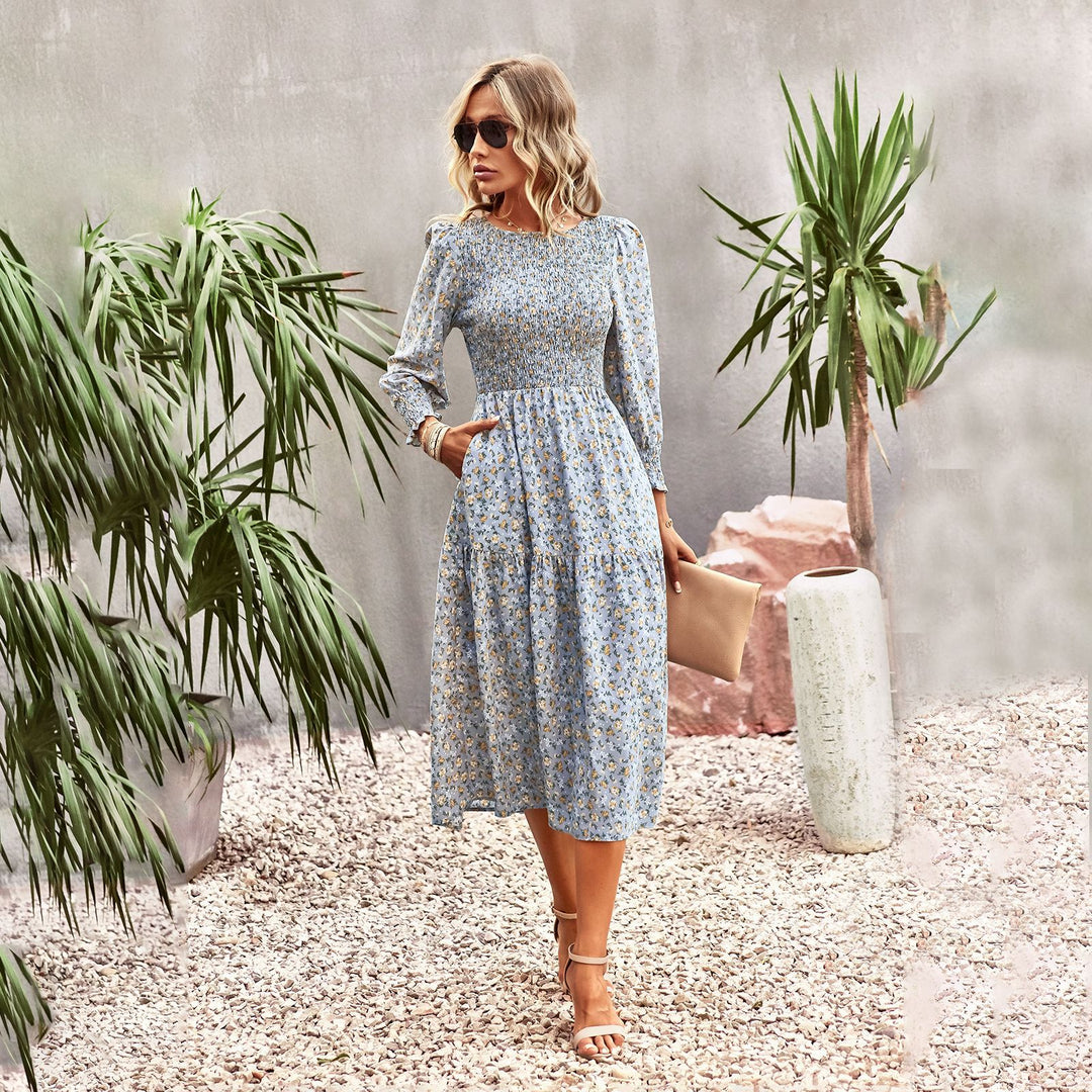 Damen florales Midi-Kleid mit geraffter Taille und langen Ärmeln Drune