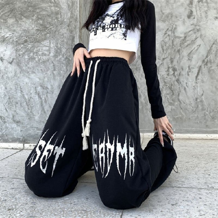 Damen nan weite Oversize-Sweatpants mit Kordelzug und Gothic-Print Drune