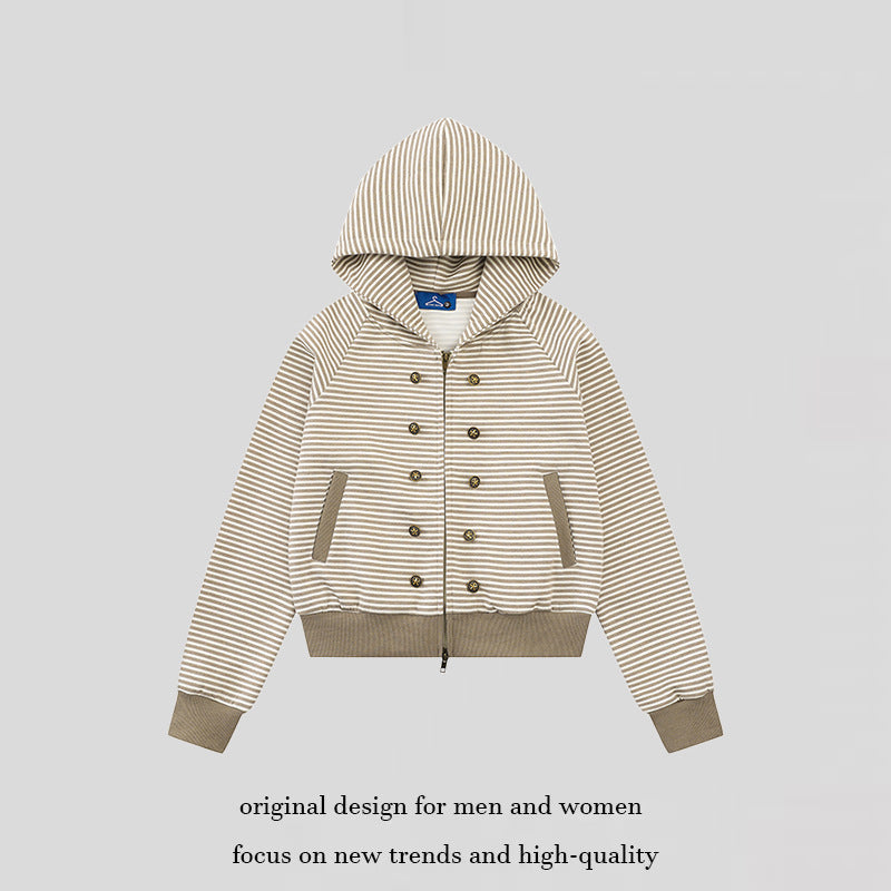 Damen gestreifte Kapuzen-Sweatjacke im Marine‑Look mit Doppelreiher‑Optik und Frontreißverschluss Drune