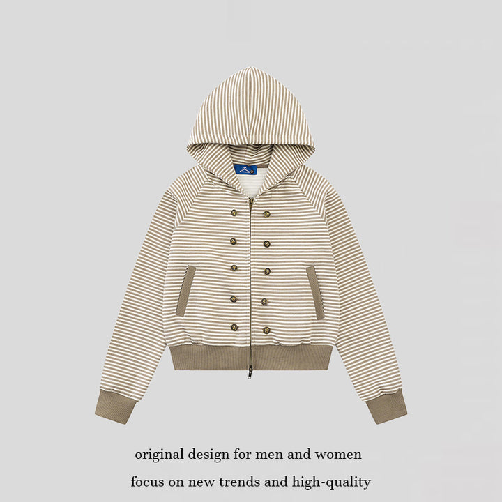 Damen gestreifte Kapuzen-Sweatjacke im Marine‑Look mit Doppelreiher‑Optik und Frontreißverschluss Drune