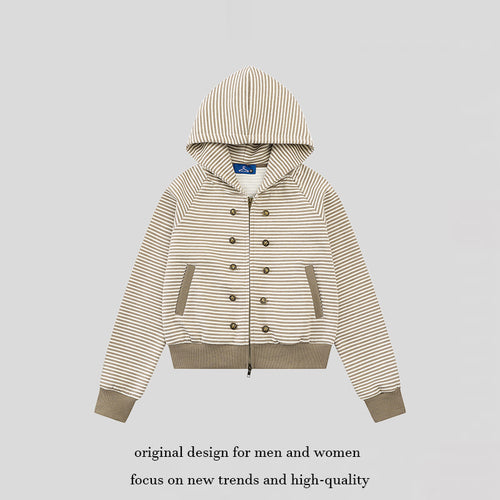 Damen gestreifte Kapuzen-Sweatjacke im Marine‑Look mit Doppelreiher‑Optik und Frontreißverschluss Drune