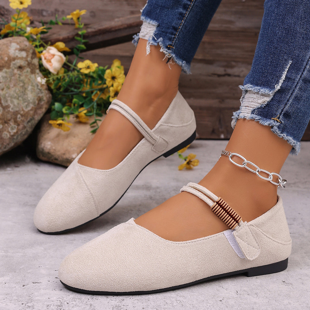 Damen nan flache Mary-Jane Ballerinas aus Veloursimitat mit elastischem Zierband und gepolsterter Komfortinnensohle Drune