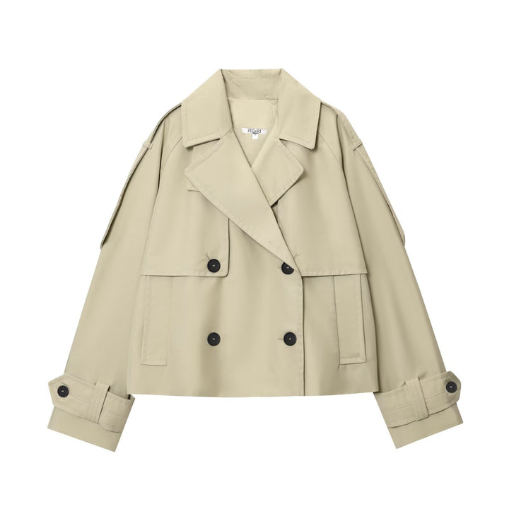 Damen 300+ kurzer doppeltreihiger Cropped‑Trenchcoat mit Epauletten und verstellbaren Manschetten Drune