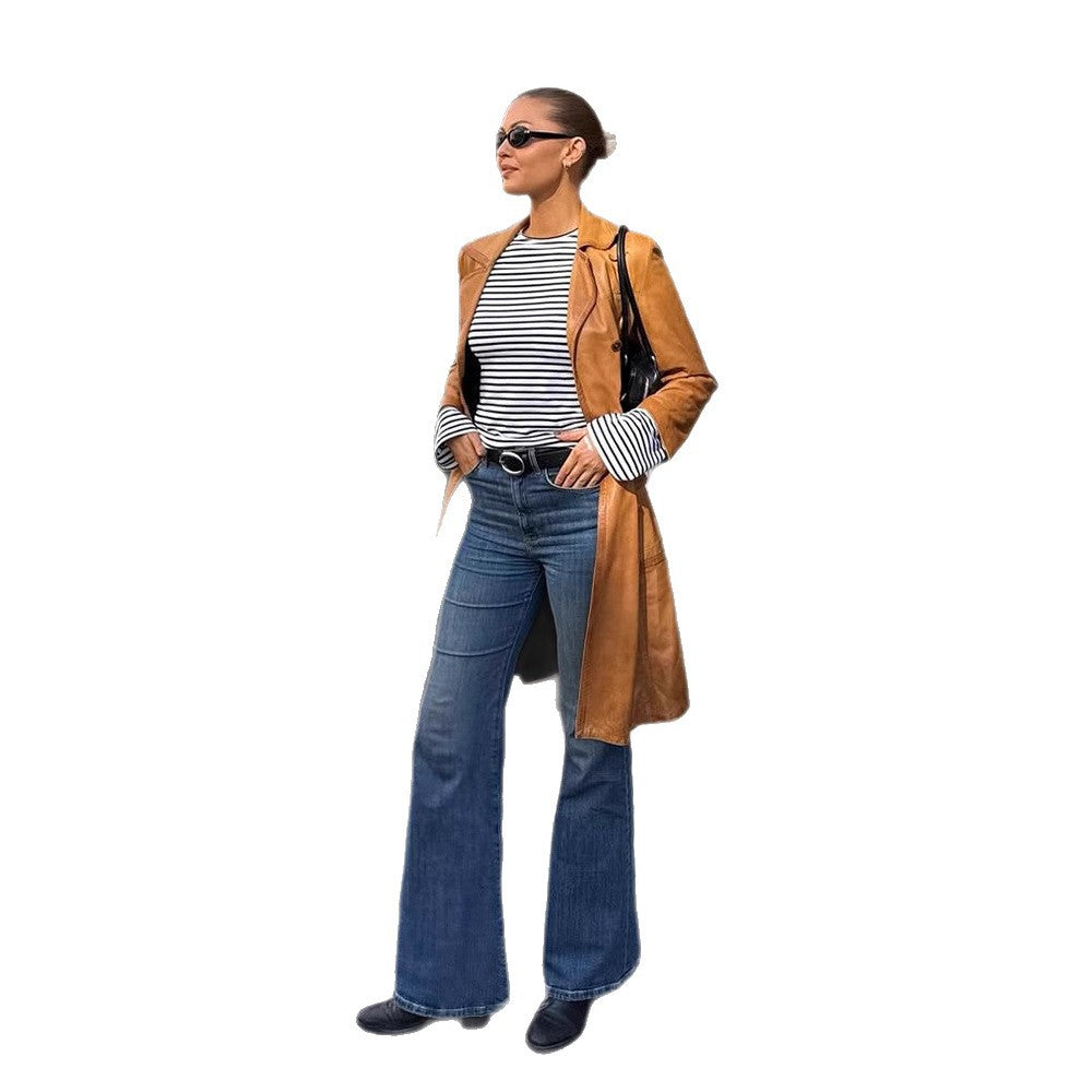 Damen Langer taillierter Leder‑Trenchcoat mit doppelreihiger Knopfleiste und Reverskragen Drune