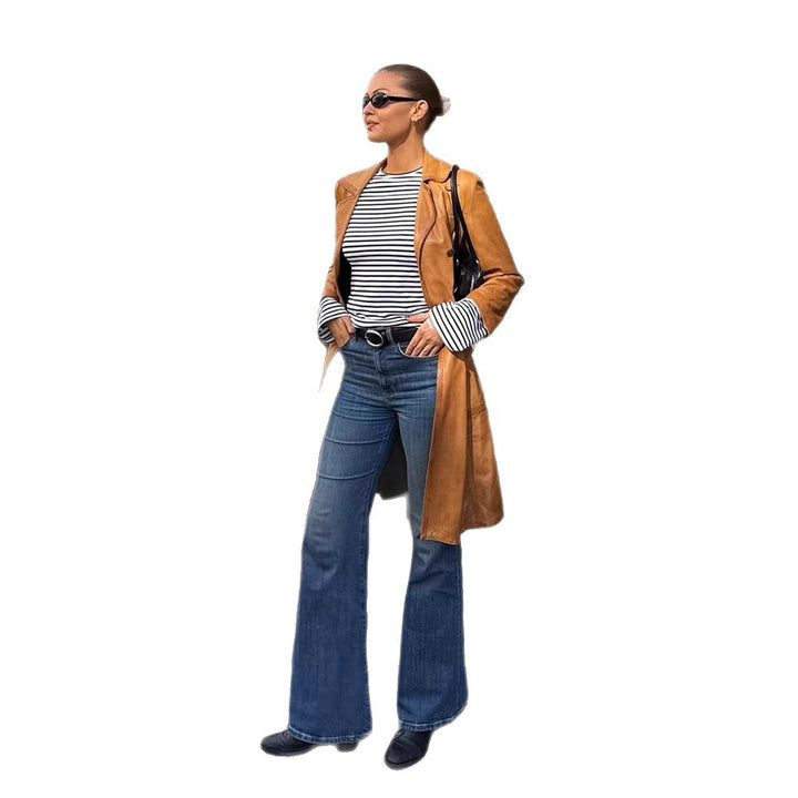 Damen Langer taillierter Leder‑Trenchcoat mit doppelreihiger Knopfleiste und Reverskragen Drune