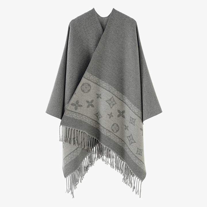 Damen Schlichter Capeponcho aus Wollmischung mit eingewebter Jacquardbordüre und Fransen Drune