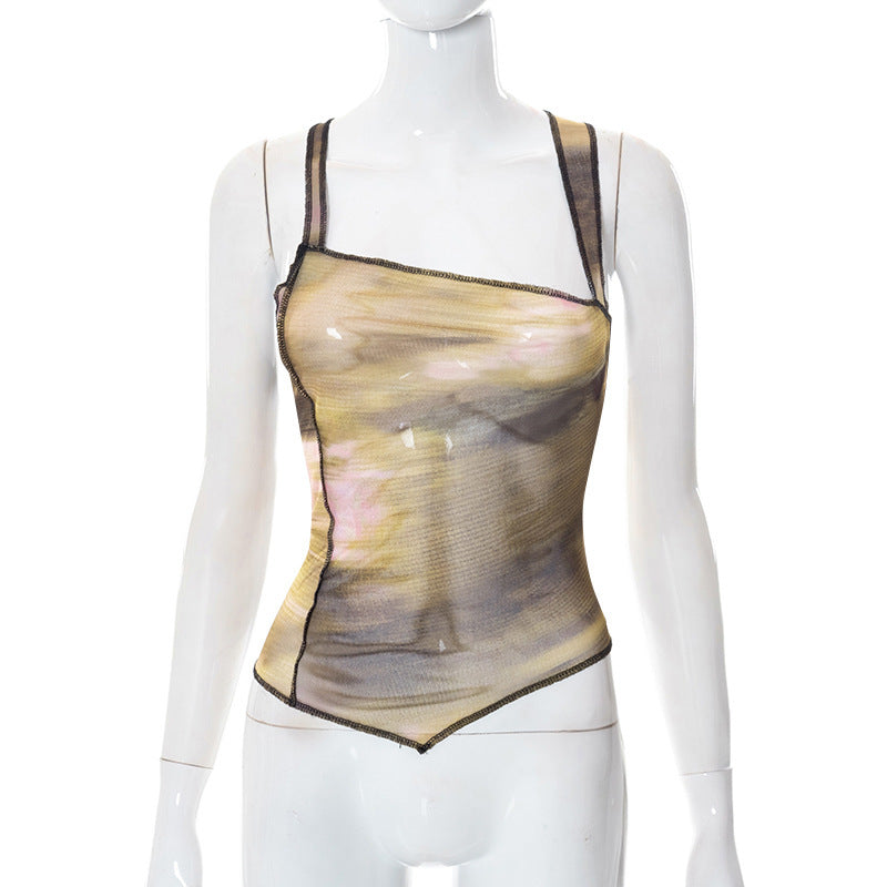 Damen elegantes Top mit asymmetrischem Schnitt und transparentem Design Drune