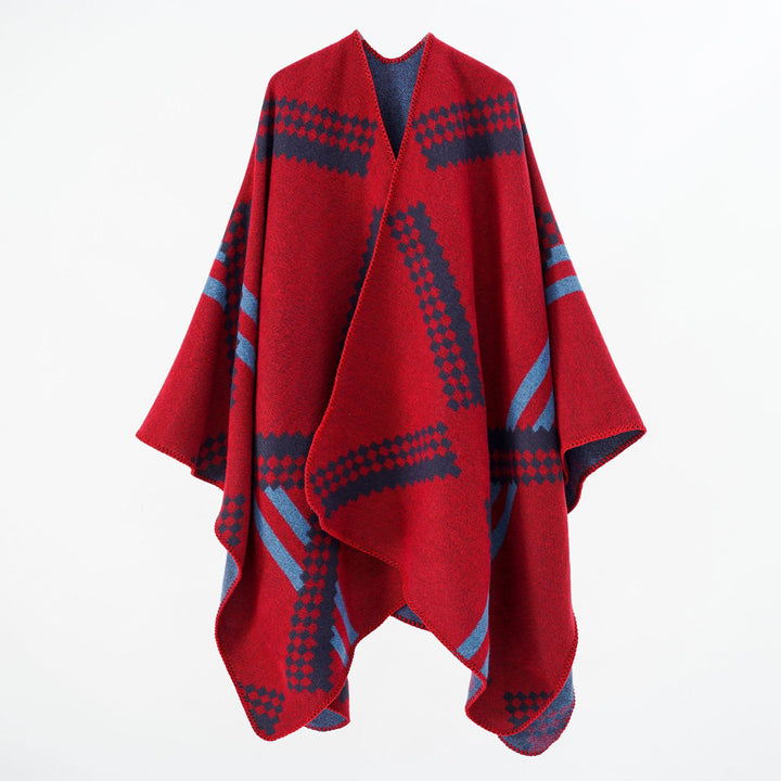 Damen Oversize-Umhangponcho aus Wollmix mit geometrischem Jacquard und Ziernaht Drune