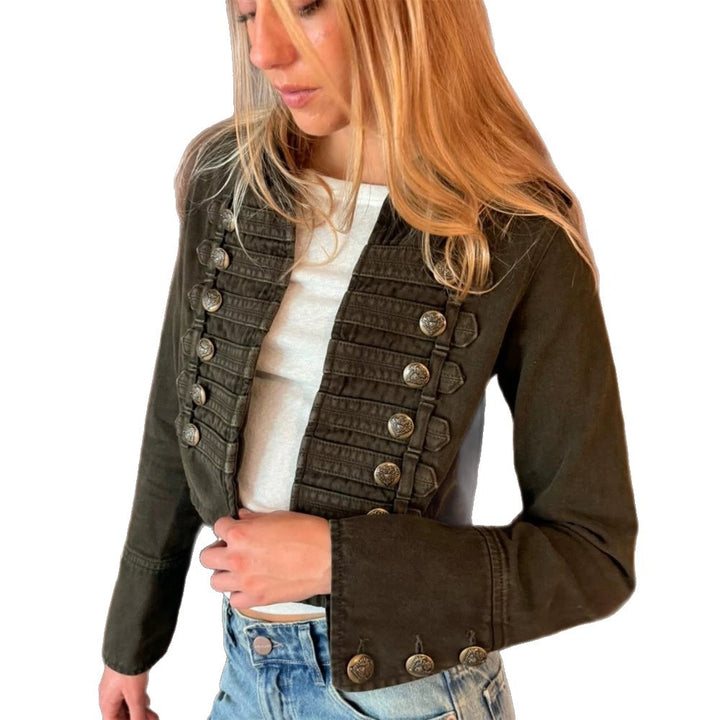 Damen Militärisch inspirierte taillierte Kurzjacke mit Zierfalten und Metallknöpfen Drune