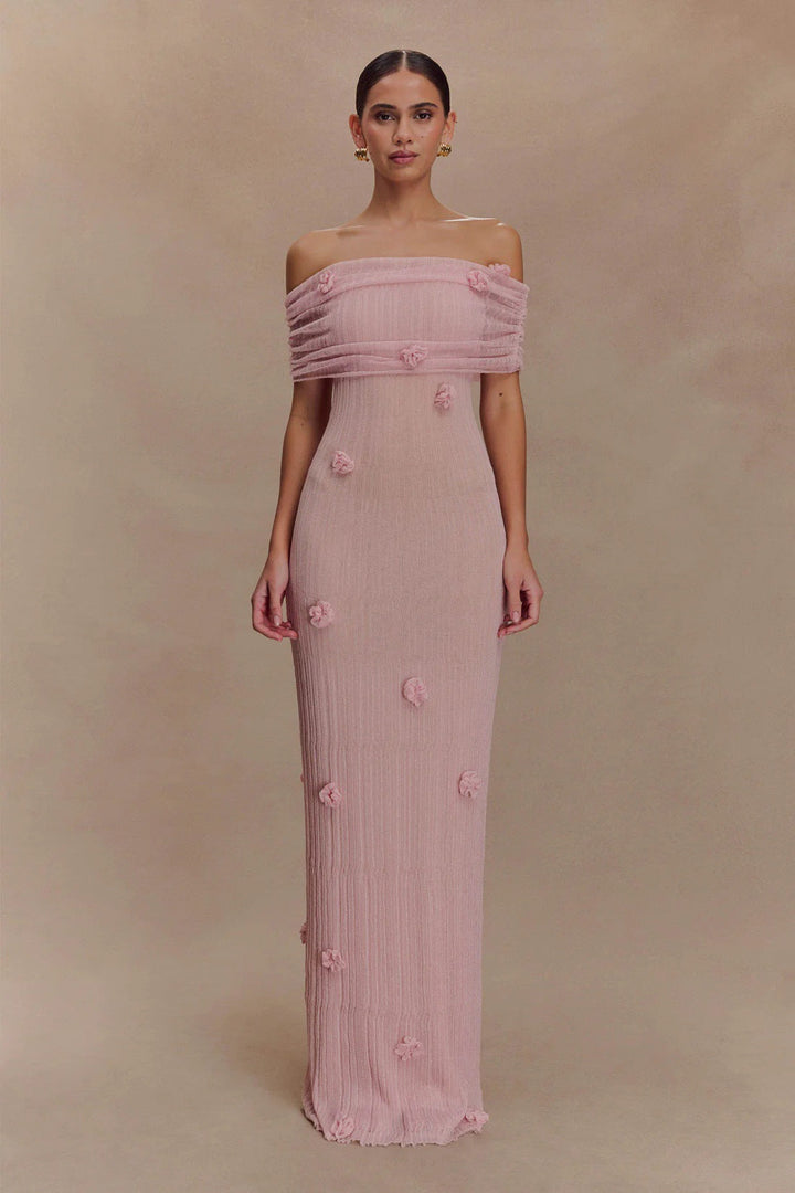 Damen Elegantes Maxikleid mit Off-Shoulder-Design und zarten 3D-Blütenapplikationen Drune