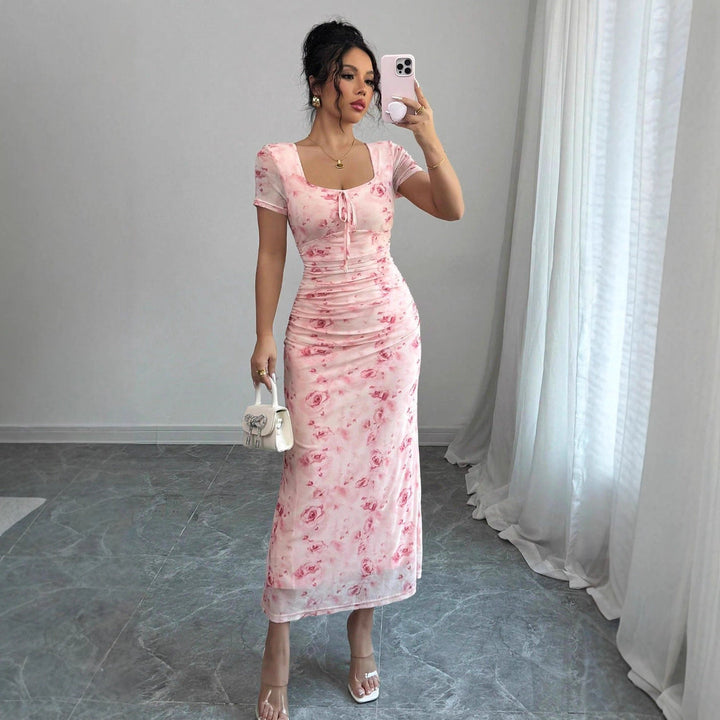 Damen Midi-Kleid mit raffinierten Falten und floralem Muster Drune