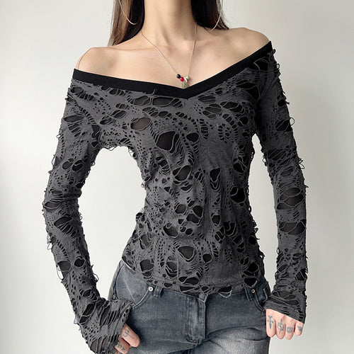 Damen nan transparentes Distressed-Spitzenshirt mit V-Ausschnitt, langärmeligem Layer-Look und innenliegendem Cami Drune