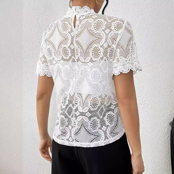 Damen nan semi-transparentes Spitzen-Top mit hohem Rüschenkragen und blickdichter Brustpartie Drune