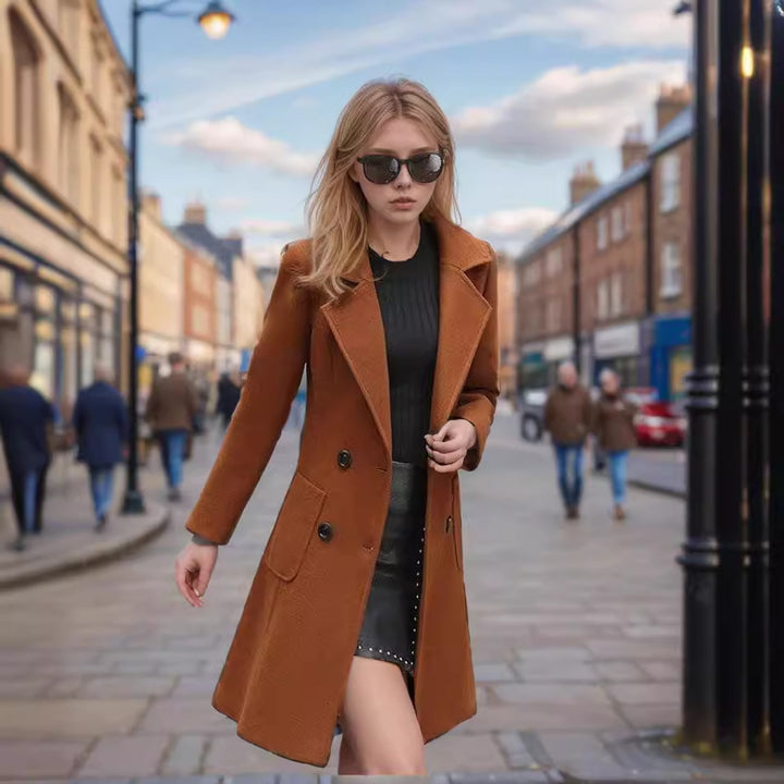 Damen modischer oversize Wolltrenchcoat mit doppelter Knopfleiste Drune