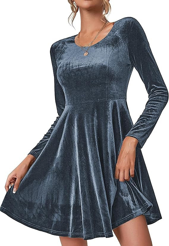 Damen Elegantes Samtkleid mit geschwungenem Saum und langen Ärmeln Drune
