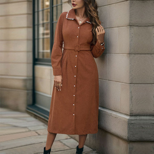 Damen Midi‑Hemdblusenkleid aus Veloursoptik mit Taillengürtel und Frontschlitz Drune