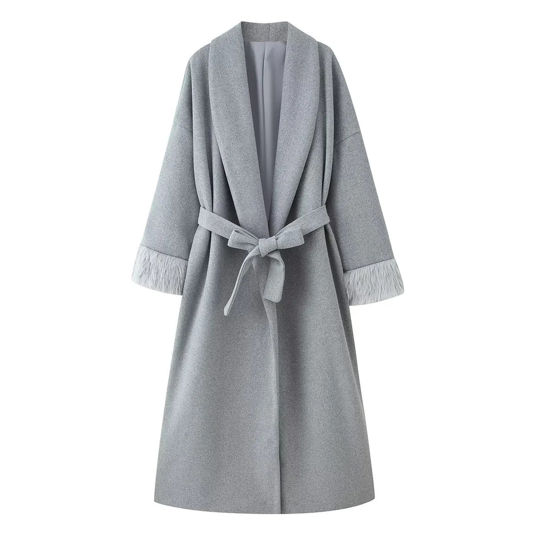 Damen nan oversize Mantelrobe mit weitem Schalkragen, Taillenband und Fauxfur-Manschetten Drune