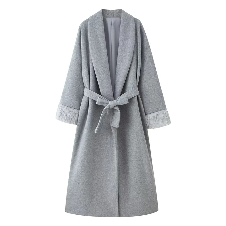 Damen nan oversize Mantelrobe mit weitem Schalkragen, Taillenband und Fauxfur-Manschetten Drune