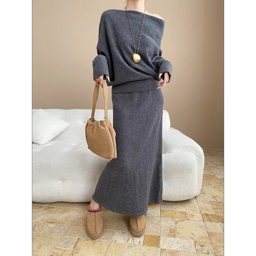Damen elegantes Strick-Maxikleid mit asymmetrischem Schnitt und lässigem Oberteil Drune