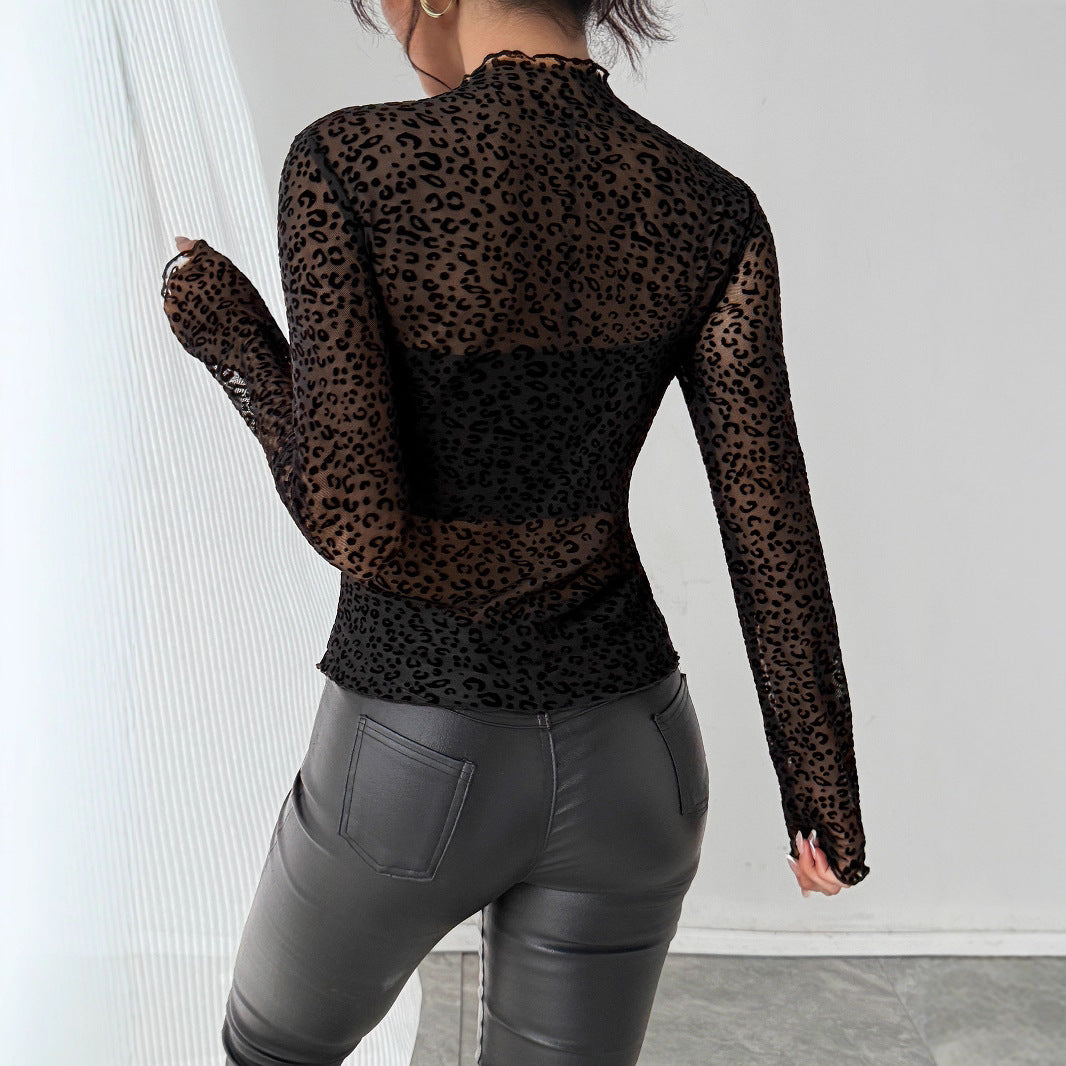 Damen nan eng anliegendes Transparenz-Mesh-Top mit erhabenem Samtflock-Leoprint und Stehkragen Drune