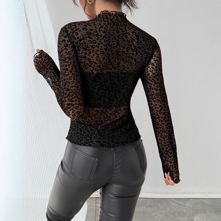 Damen nan eng anliegendes Transparenz-Mesh-Top mit erhabenem Samtflock-Leoprint und Stehkragen Drune