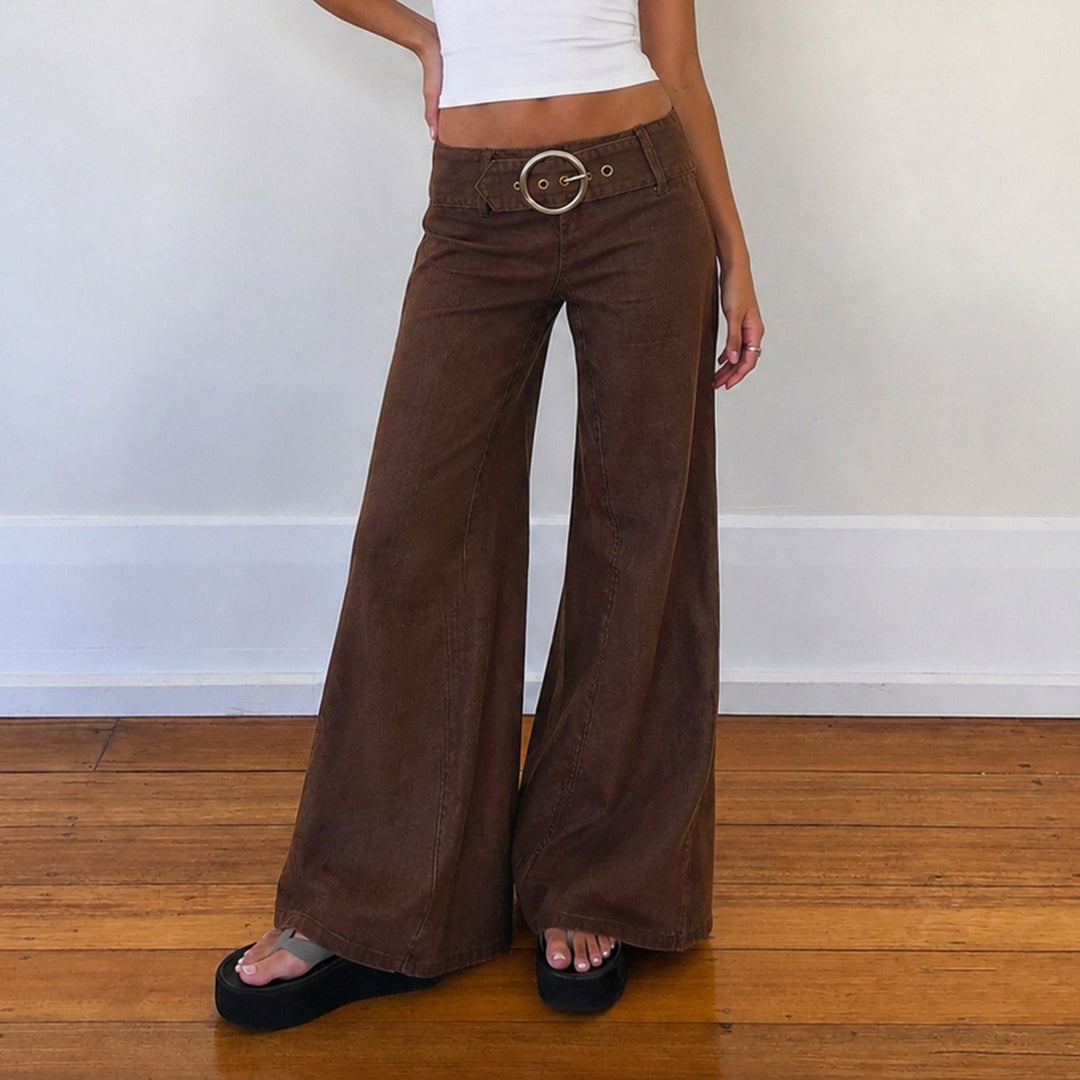 Damen High‑Waist Schlaghose aus beschichtetem Denim mit weitem Bein und Statement‑Gürtel Drune