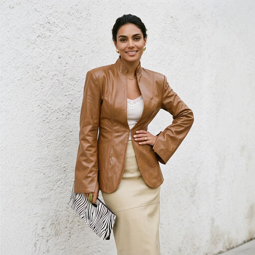 Damen taillierter Veganleder‑Blazer mit sculpted Nähten und Stehkragen Drune