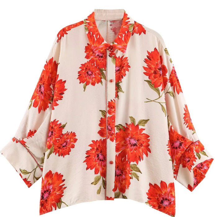 Damen Oversize‑Bluse mit leuchtendem Blumenprint, kastiger Silhouette und dreiviertelärmeln Drune