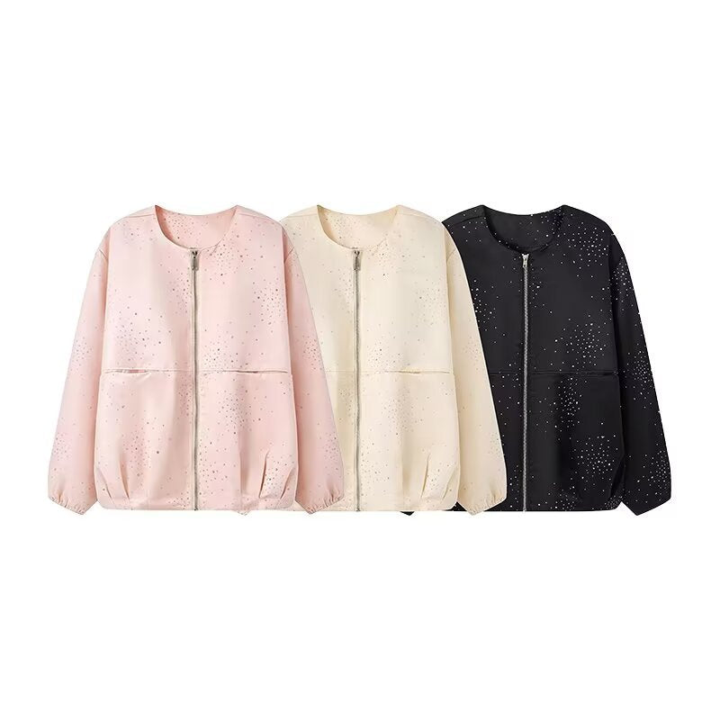 Damen Boxy‑Blouson mit Rundhals, Metallreißverschluss und dezentem Glitzerbesatz Drune