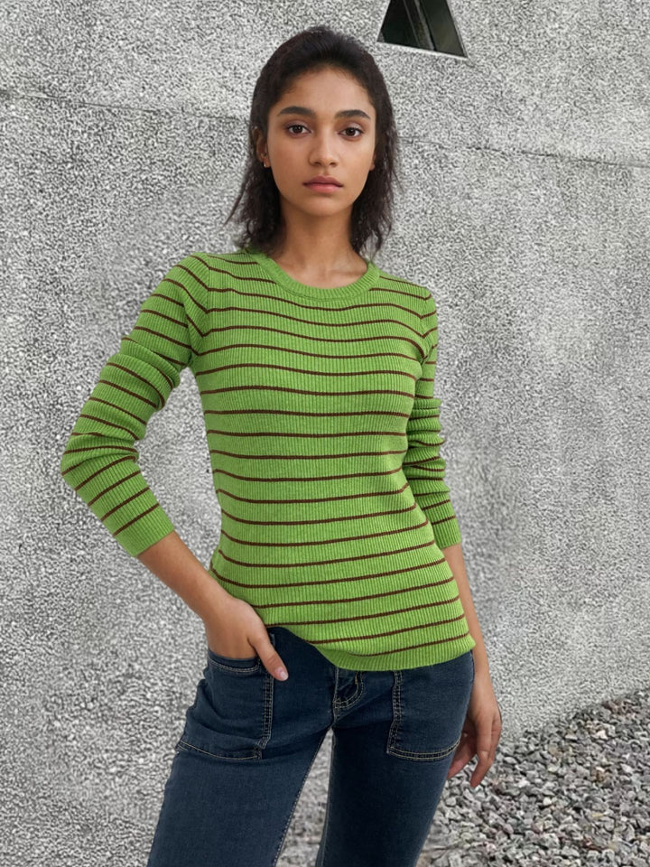 Damen Rippstrickpullover mit Streifenmuster und langen Ärmeln Drune