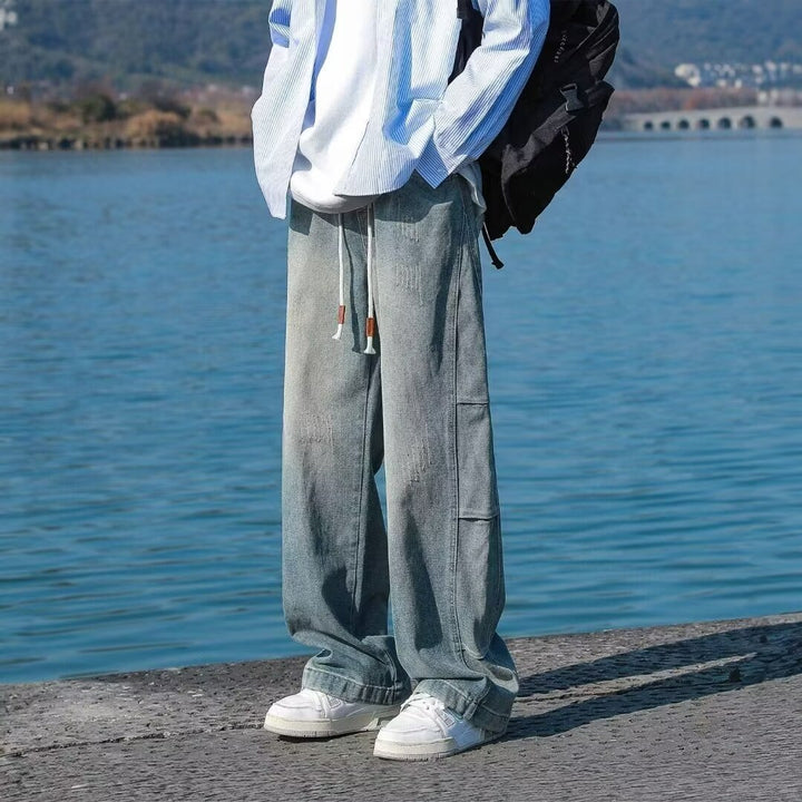 Herren lässige High-Waist Jeans mit weitem Schnitt und Kordelzug Drune