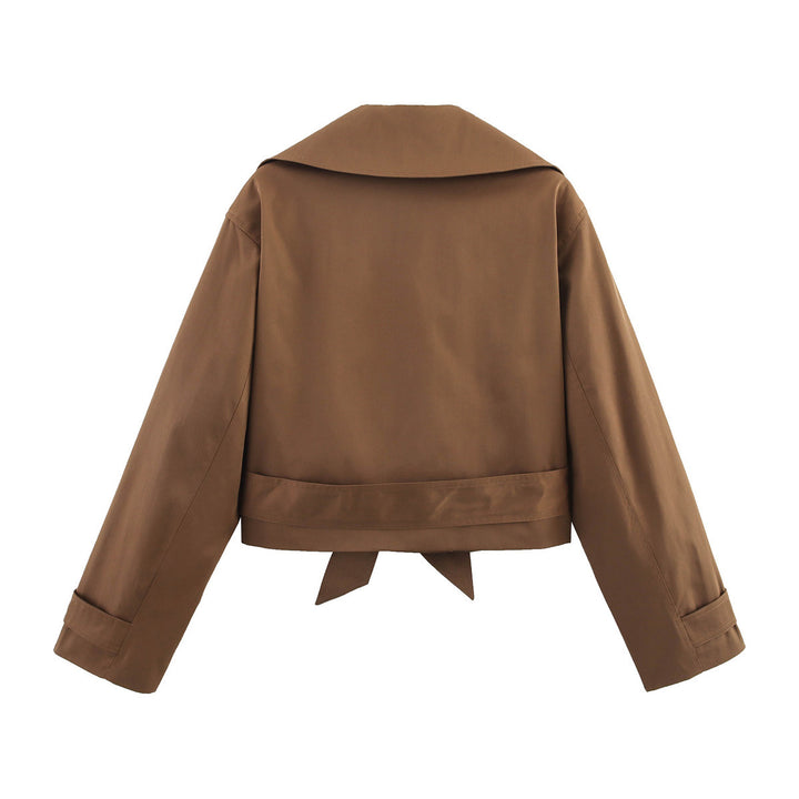 Damen nan kurze Taillen-Trenchjacke mit doppelreihiger Knopfleiste breitem Schalkragen und taillierendem Bindegürtel Drune